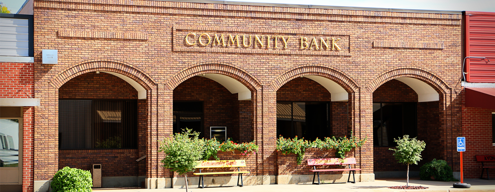 Front wall of the bank with the Community Bank logo on it